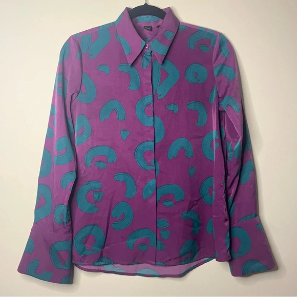 VTG 80s Artsy Silky Satin Point Collar Printed Buttondown Shirt - Picture 1 of 10